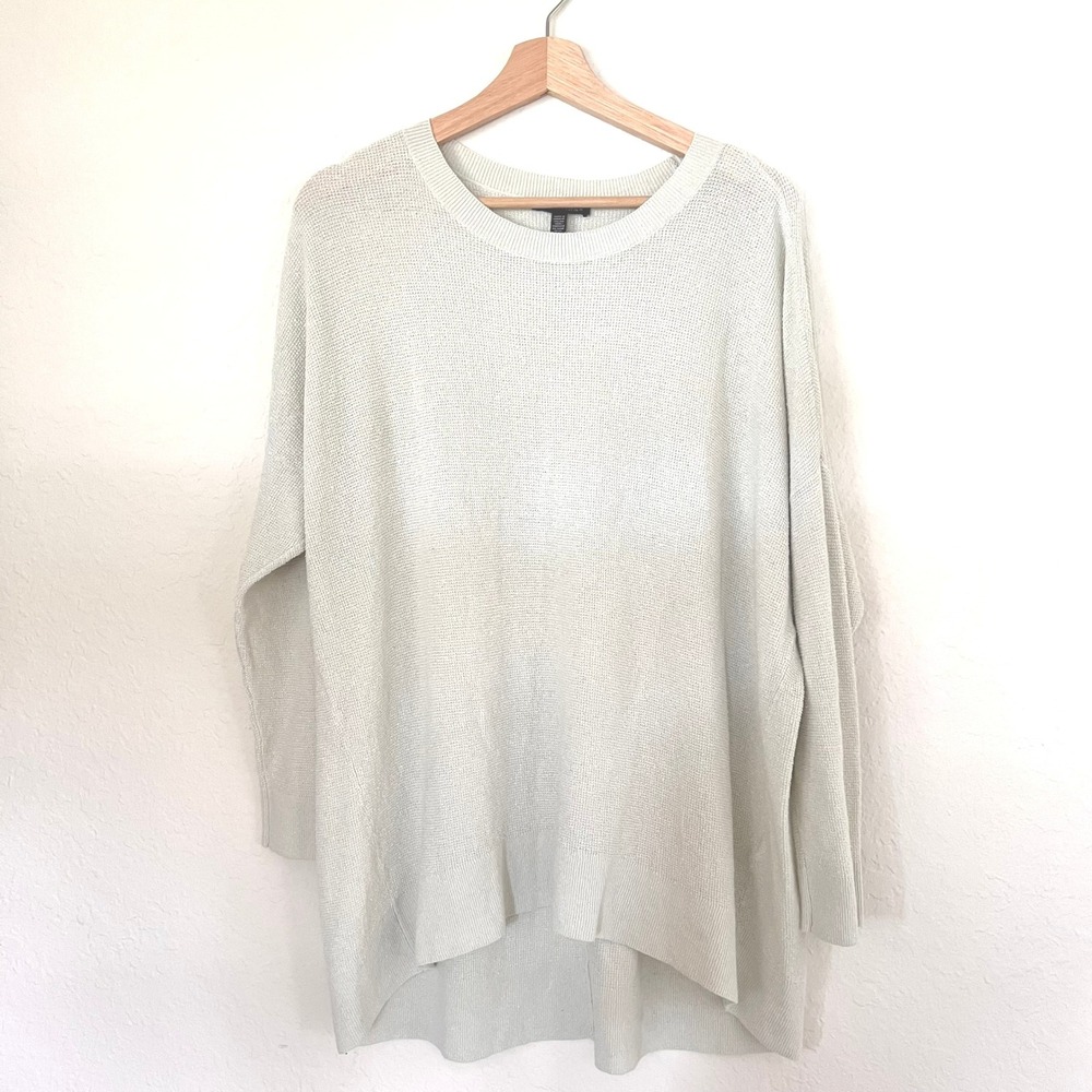 Eileen Fisher XL Organic Linen Blend Boxy Crew Neck Sweater Sage Green High Low